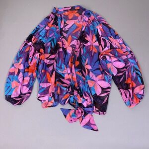 Colleen Lopez Blouse Women's XL Tie Front Tropical Floral Purple Pink Chiffon XL